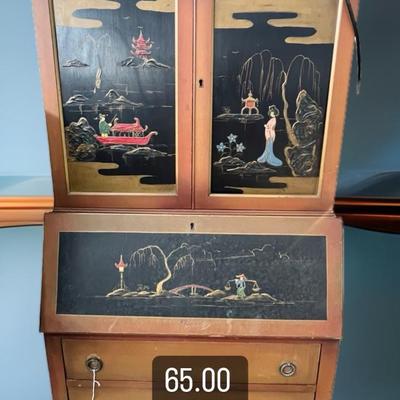 Vintage Handpainted Asian Secretary and Hutch