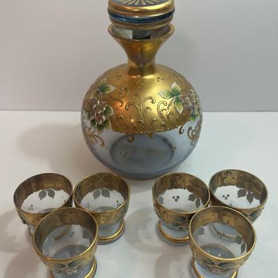 Vintage Italian Murano Bohemian Style Decanter Set w/6 Glasses in Very Good Preowned Condition as Pictured.