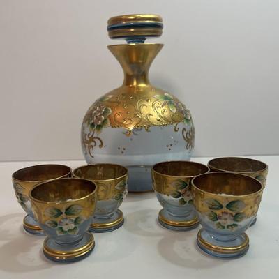 Vintage Italian Murano Bohemian Style Decanter Set w/6 Glasses in Very Good Preowned Condition as Pictured.