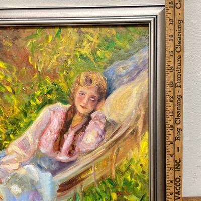 Framed Artwork Daydreaming Girl in Garden, Oil Painting