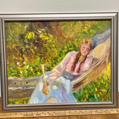 Framed Artwork Daydreaming Girl in Garden, Oil Painting