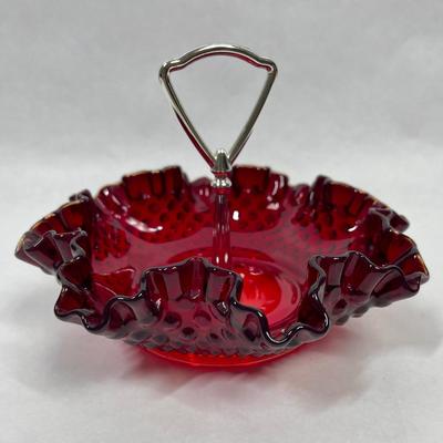 Fenton Ruby Red Ruffled Hobnail Glass Candy Dish