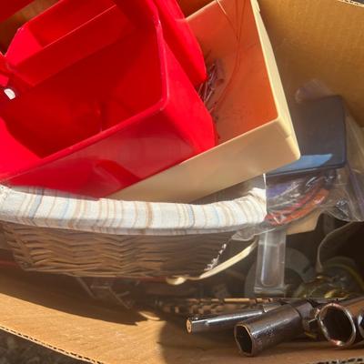 Box of Misc - Includes sockets and organizer, baskets, hardware, etc
