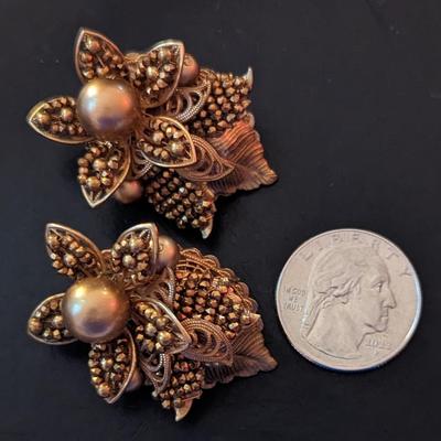 Vintage Eugene gold tone clip earrings Floral and Leaves motif 1952-1962