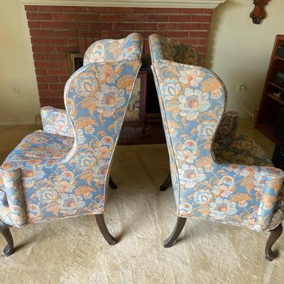 Vintage Pair of Heritage Floral Queen Anne Style Wing Back Chairs