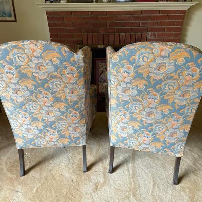 Vintage Pair of Heritage Floral Queen Anne Style Wing Back Chairs