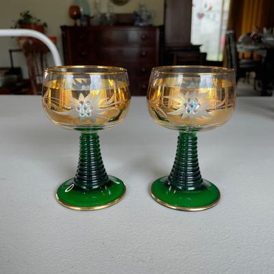 Two Gold Painted Roemer Wine Glasses Green Foot
