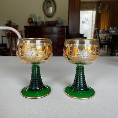 Two Gold Painted Roemer Wine Glasses Green Foot