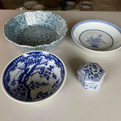 Assortment of Blue and White Serving Platters and Trinket Box