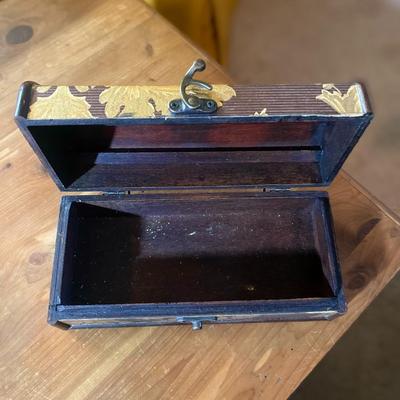 Wooden Trinket Box w/ Golden Leaf Detail 