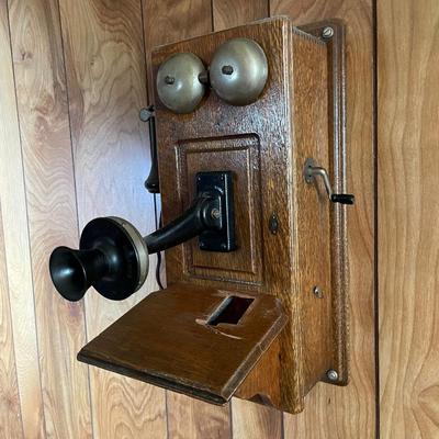 Vintage Wooden Century Bell Wall Hand Crank Telephone
