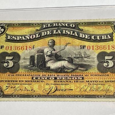 Scarce Cuba 1896 Nice Circulated Condition 5-Peso Currency/Banknote as Pictured.