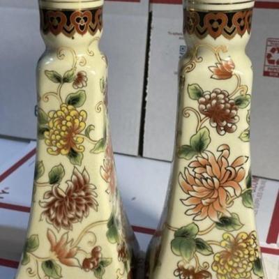 Asian Pair of Ceramic Candle Holders 8.75