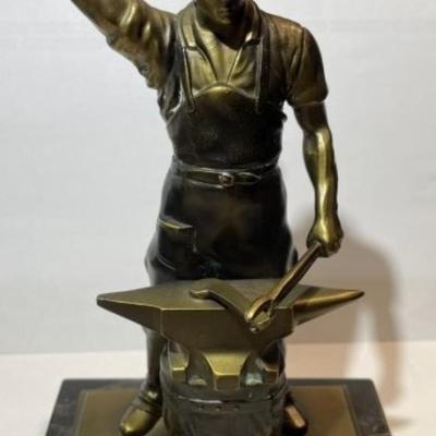 Mid-Century German (Solingen) c1967 Solid Bronze Statue of a Blacksmith w/Anvil on Marble Base 9" x 5" x 3" in Good...