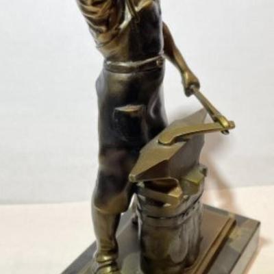 Mid-Century German (Solingen) c1967 Solid Bronze Statue of a Blacksmith w/Anvil on Marble Base 9" x 5" x 3" in Good...