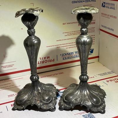 Antique 1800's Pair of Silver-Plated Candle Stick Holder 9.5