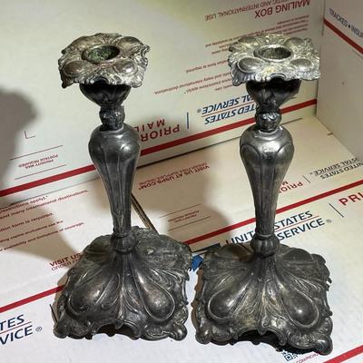 Antique 1800's Pair of Silver-Plated Candle Stick Holder 9.5" Tall in Fair-Good Preowned Condition.