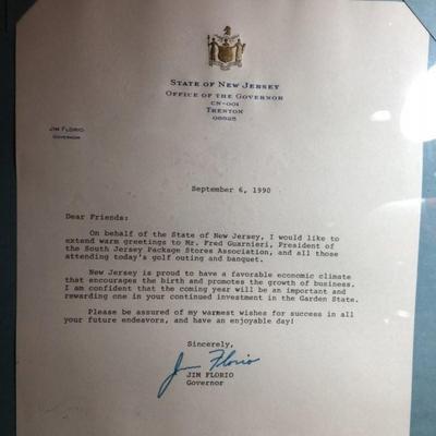 Vintage Jim Florio NJ Governor Framed Letter Preowned from an Estate in Good Condition as Pictured.