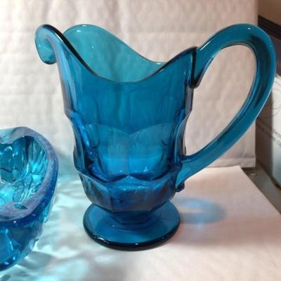 Vintage Mid Century Heavy Blue Glass Ashtray & Creamer Pitcher in Good Preowned Condition.