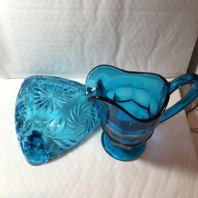 Vintage Mid Century Heavy Blue Glass Ashtray & Creamer Pitcher in Good Preowned Condition.