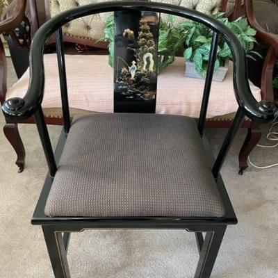 Vintage Mid-Century Asian Black Lacquer & Acrylic Corner Chair in VG Preowned Condition. Free Local Pickup Only.