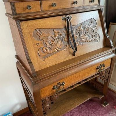 Vintage MID-CENTURY Carved OAK Secretary Desk in VG Preowned Condition. Local Pickup Only.
