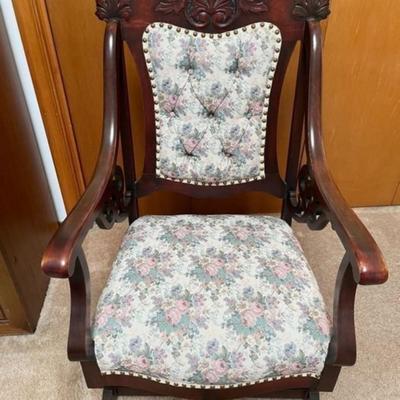 Victorian Hardwood Glider Rocker w/Great Upholstery Fabric. VG Condition for its Age. Well Kept!