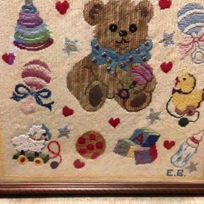 Vintage Elizabeth Bradley Teddy Bear Needlepoint Framed 18.5" x 21.5" in Vg Condition