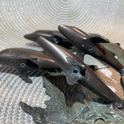 Vintage Mid-Century Bronze 4-Dolphins Figurines 10" Tall in Good Preowned Condition from an Estate. Back Side of the Base has a few...
