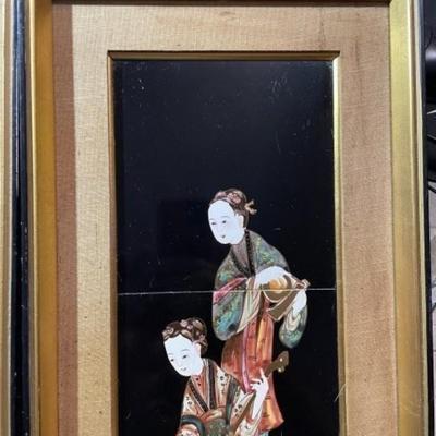 Vintage Pair of Japanese Mid-Century Geisha Girl Tile Artwork Framed Size 9.5"x 21.5" Each Preowned from an Estate.