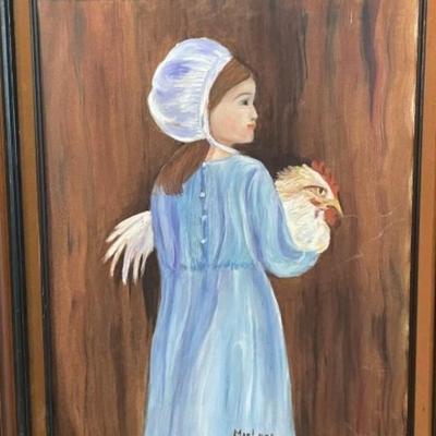 Vintage Amish Girl Holding Rooster/Chicken Oil/Acrylic Painting by Marlene Frame Size 23.5" x 30" in Good Preowned Condition.