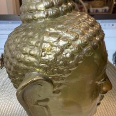 Vintage Mid-Century Large Gold Mist Glass Buddha Head Bust 11.5