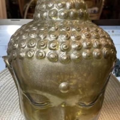 Vintage Mid-Century Large Gold Mist Glass Buddha Head Bust 11.5" Tall in VG Preowned Condition.