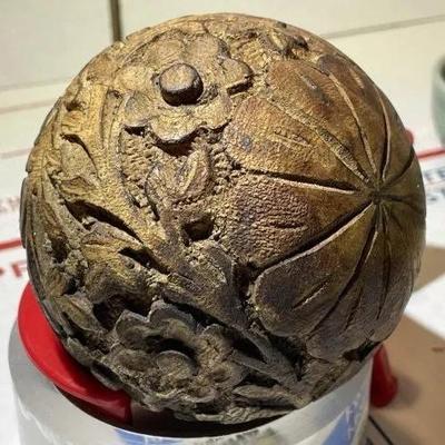 Vintage Chinese/Asian Hand Carved Softball Size Wooden Sphere as Pictured.