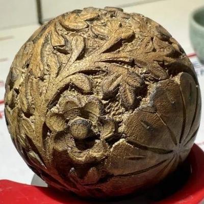 Vintage Chinese/Asian Hand Carved Softball Size Wooden Sphere as Pictured.