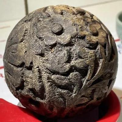 Vintage Chinese/Asian Hand Carved Softball Size Wooden Sphere as Pictured.