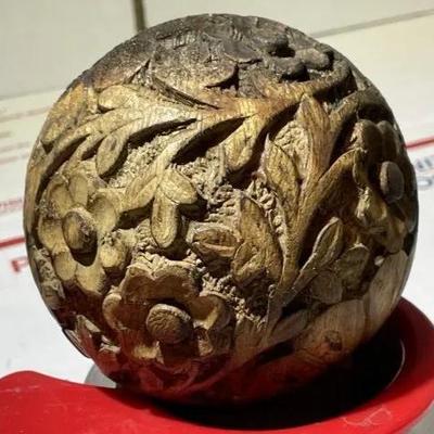 Vintage Chinese/Asian Hand Carved Softball Size Wooden Sphere as Pictured.