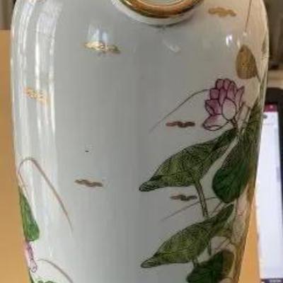 Vintage Famille Style Chinese Large Table Lamp Preowned from an Estate in VG Condition. No Shade Included.