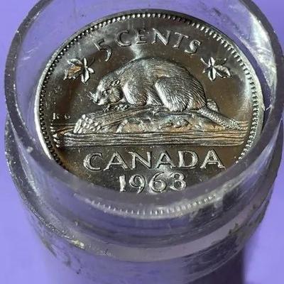 CANADA 1963 CHOICE BU ROLL OF 40-COINS QUEEN ELIZABETH-II 5-CENT COINS as Pictured.