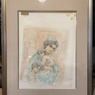 EDNA HIBEL (Mother with Two Children) Figurative Lithograph Numbered #4/156 by Edna Hibel, Frame Size 29