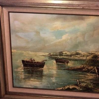 Vintage Huge LEPRINI Mediterranean Cove Oil/Acrylic Painting from the 1960/70's Large Frame Size 33in x 45in in Good Condition.