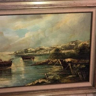 Vintage Huge LEPRINI Mediterranean Cove Oil/Acrylic Painting from the 1960/70's Large Frame Size 33in x 45in in Good Condition.