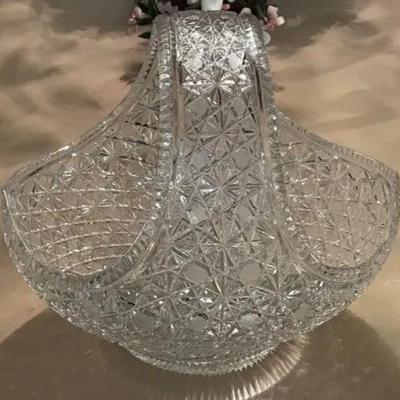 Vintage HUGE Cut/Etched Glass Large Leaded Crystal Basket 13" x 14" Preowned from an Estate in VG Preowned Condition. (Very Heavy)