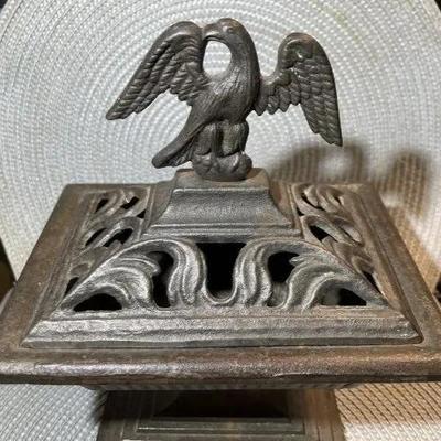 Vintage Eagle Handle Cash-Pot Cast Pedestal Bowl 9.5" Tall Great for an Incense Burner in Good Preowned Condition.