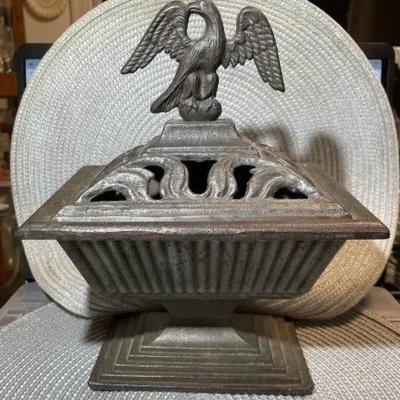 Vintage Eagle Handle Cash-Pot Cast Pedestal Bowl 9.5" Tall Great for an Incense Burner in Good Preowned Condition.