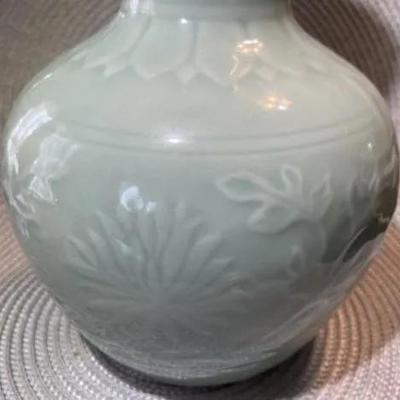 Vintage Asian Celadon Glazed Porcelain Vase 10.5" Tall Preowned from an Estate.