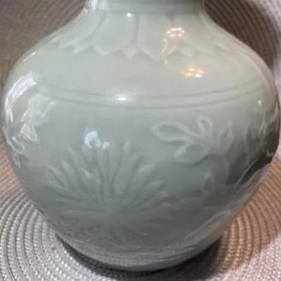 Vintage Asian Celadon Glazed Porcelain Vase 10.5