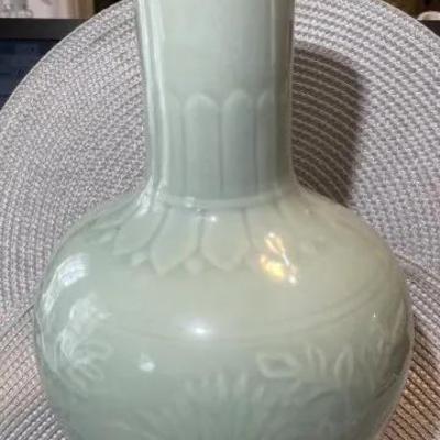 Vintage Asian Celadon Glazed Porcelain Vase 10.5" Tall Preowned from an Estate.