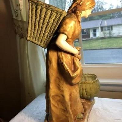 Antique Early 1900's Scarce Austrian Turn-Teplitz Amphora Porcelain Lady with Basket Statue 16.5