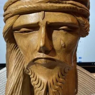 Vintage Hand Carved Jesus Face/Bust out of a Wooden Branch/Bark 8